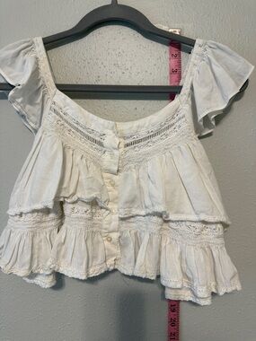 White Ruffle Button-Front Womens Top